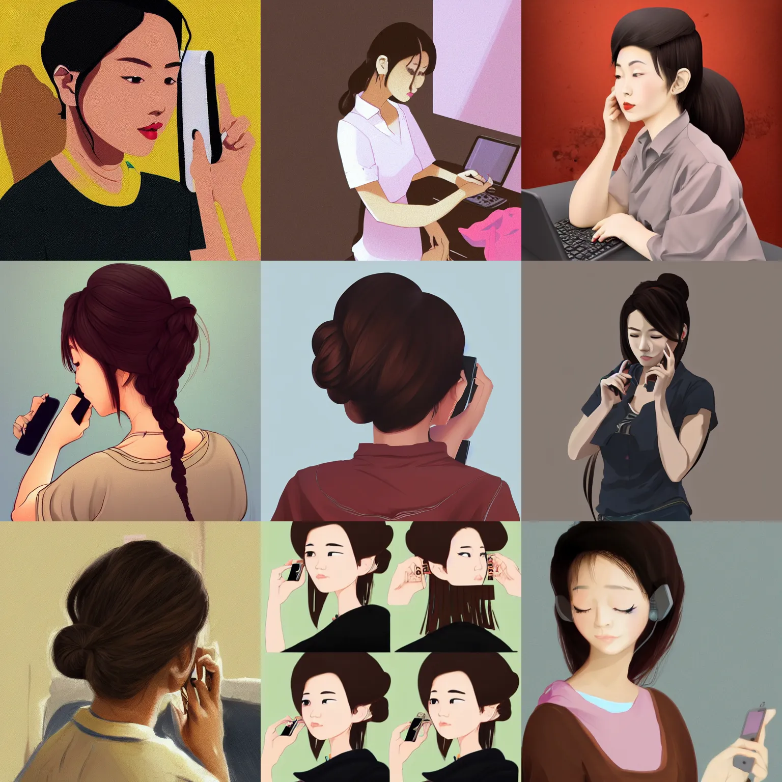 Prompt: brown updo asian girl on the phone to the computer, overhead view, artstation