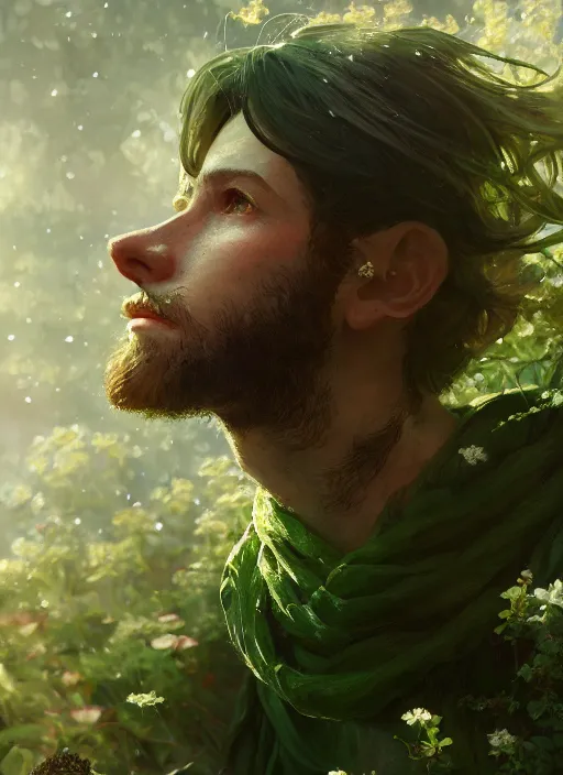 Prompt: a portrait of the male emerald herald in the garden, intricate, tone mapped, ambient lighting, highly detailed, digital painting, artstation, concept art, sharp focus, by makoto shinkai and akihiko yoshida and hidari and wlop