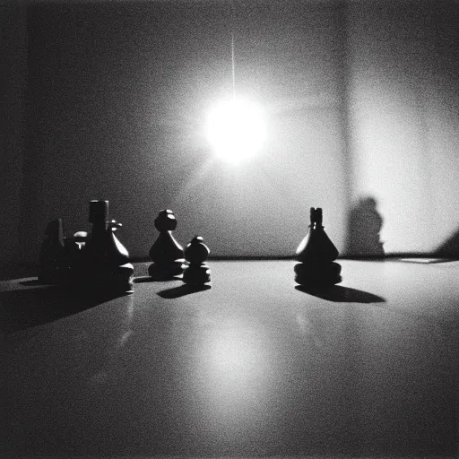 Prompt: a spherical reflective chess piece in a vast empty room, shadow and lens flare, 35mm film, courtesy of Centre Pompidou