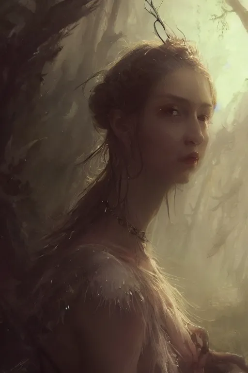 Image similar to A beuatiful portrait of a fairy by Greg Rutkowski, Sung Choi, Mitchell Mohrhauser, Maciej Kuciara, Johnson Ting, Maxim Verehin, Peter Konig, Bloodborne, 8k photorealistic, cinematic lighting, HD, high details, dramatic, dark atmosphere, trending on artstation