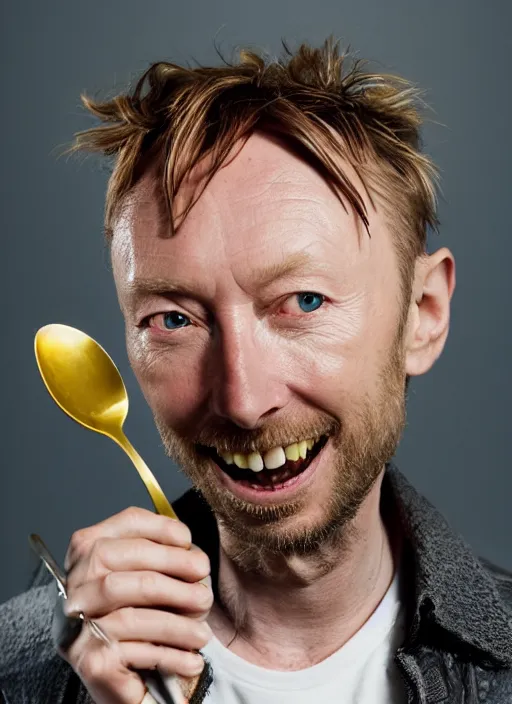 Prompt: a portrait of thom yorke from radiohead holding a spork and grinning weirdly. realistic, photograph, high definition, 4 k, soft lighting