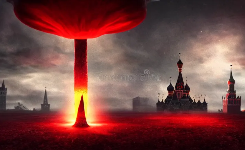 Prompt: nuclear explosion with nuclear mushroom in Red Square Kremlin, intricate, dark atmosphere, cinematic shot, extremely high detail, photo realistic, cinematic lighting, post processed, artstation, matte painting, smooth, sharp focus, illustration, elegant, fantasy