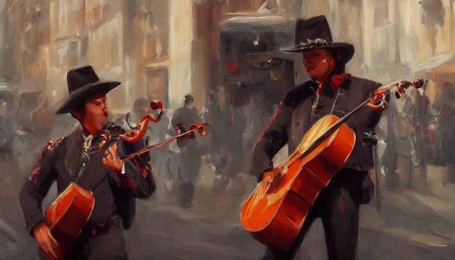 Image similar to mariachi, cinematic shot, concept art oil painting by jama jurabaev, extremely detailed, brush hard, artstation, high quality, brush stroke