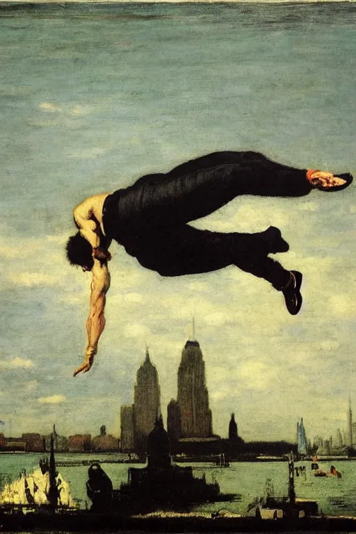 Image similar to a young man flying through new york city. his hands stretched to the side. a floating circus in the background. art by gustave courbet.