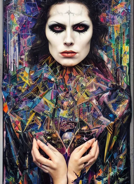 Image similar to gorgeous magic cult psychic woman, fashion model, awakening consciousness psychedelic, epic surrealism expressionism symbolism, story telling, iconic, dark robed, oil painting, symmetrical face, dark myth mythos, by Sandra Chevrier, Noriyoshi Ohrai masterpiece