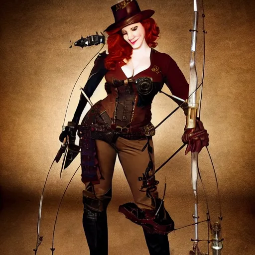 Prompt: full body photo of christina hendricks as a steampunk archer,