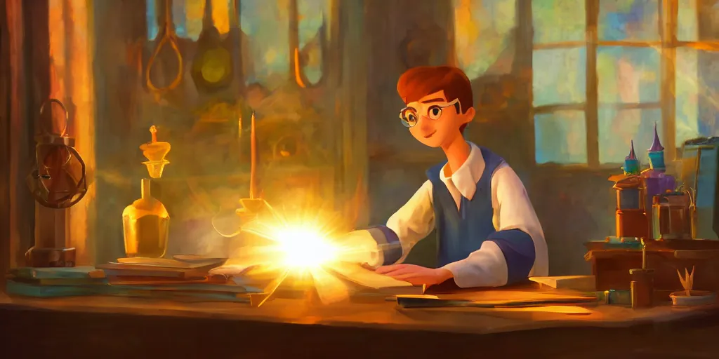 Image similar to a young male mage they are in a alchemy workshop working at there desk. colorful, light rays, medium shot, waist up, sharp, bloom, dramatic lighting, by pixar, dreamworks and marvel