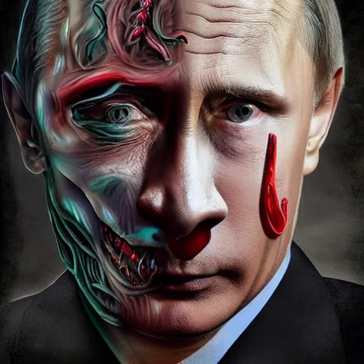 Image similar to vladimir putin became crazy brutal lovecraftian degraded abomination, photo - realistic, color image, 2 k, highly detailed, horror