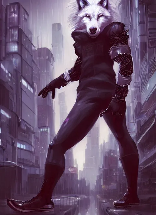 Image similar to award winning beautiful portrait commission art of a muscular male furry anthro albino wolf fursona with a tail and a cute beautiful attractive detailed furry face wearing black stylish cyberpunk pants and boots in a cyberpunk city at night while it rains. Character design by charlie bowater, ross tran, artgerm, and makoto shinkai, detailed, inked, western comic book art