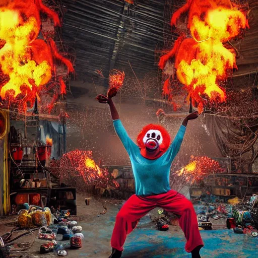 Prompt: a clown juggles fireballs infront of a crowd of baboons, in a cyberpunk interior. there are wires and glitched screens everywhere. piles of food trash. painted by hr geiger