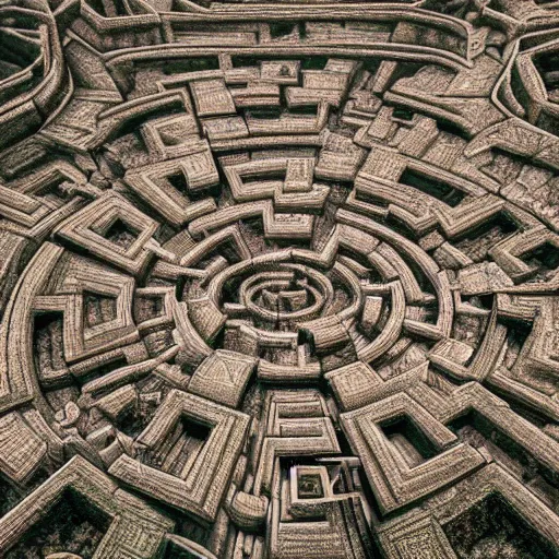 Image similar to Aereal view of an ancient intricate labyrinth, intricate, baroque, wonderland, photorealistic, photography, octane, high definition, detailed, 8k, artstation