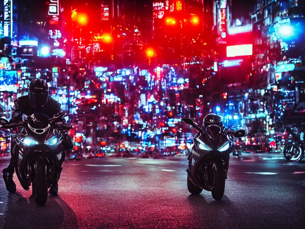 Prompt: a Photorealistic hyperdetailed hyper realistic dramatic moody Low angle night time close up render of a lone biker speeding on a GSX R1000 in the middle of busy shibuya crossing Tokyo,Bright vibrant colors with multiple long light trails,Beautiful dramatic moody tones and lighting,cinematic atmosphere,photorealism,8K