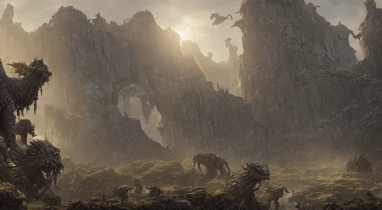 Prompt: indistinct glowing prehistoric beasts surrounded by slate grey walls, insane details, dramatic lighting, unreal engine 5, concept art, greg rutkowski, james gurney, johannes voss, hasui kawase.