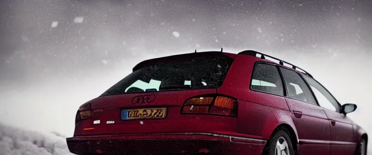 Image similar to Audi A4 B6 Avant (2002), a gritty neo-noir, dramatic lighting, cinematic, eerie person, death, homicide, homicide in the snow, gunshots, establishing shot, extremely high detail, photorealistic, red mist, red fog, chaos, arson, burning city, cinematic lighting, artstation, by simon stalenhag, Max Payne (PC) (2001) winter New York at night, In the style of Max Payne 1 graphic novel, flashing lights, Poets of the Fall - Late Goodbye