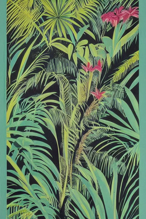 Image similar to New Zealand subtropical rainforest poster designed by Emmet McBain, 1960s