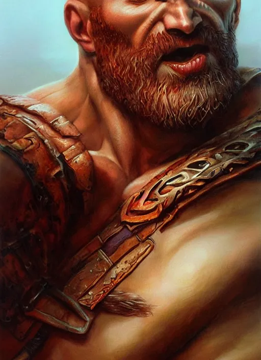 Image similar to a epic portrait of the god of war, art by boris vallejo and greg danton and denys tsiperko, detailed, hyperrealism, artstation