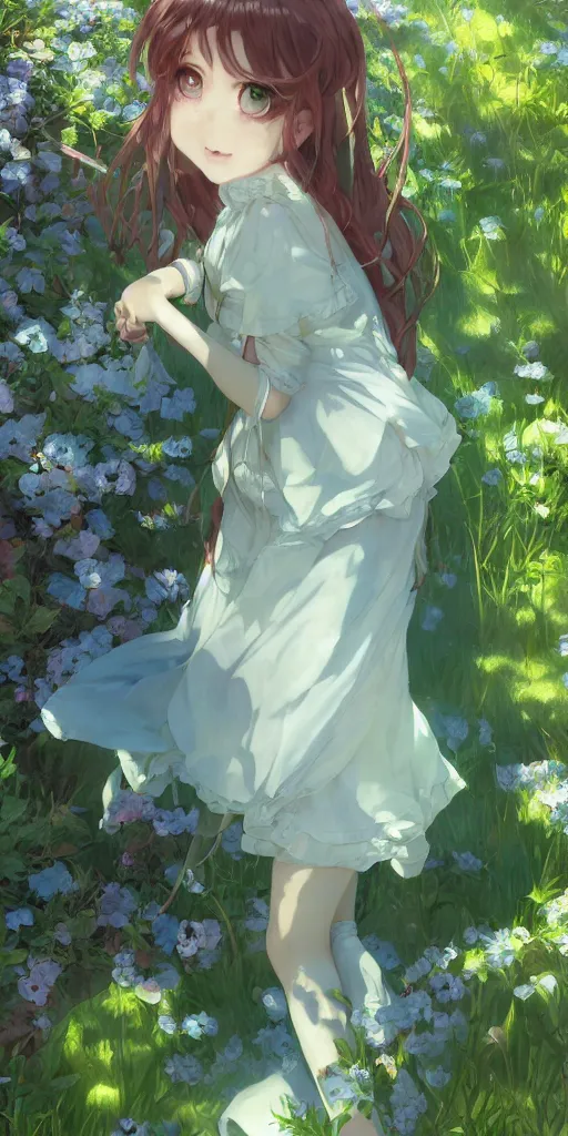 Image similar to a digital art full of atmosphere of a loli with long hair in a dress in the privet garden at after noon, green and warm theme, blue accents, back lighting, highly detailed, 4 k resolution, trending on art station, by krenz cushart and mucha and akihito yoshida and greg rutkowski and makoto shinkai