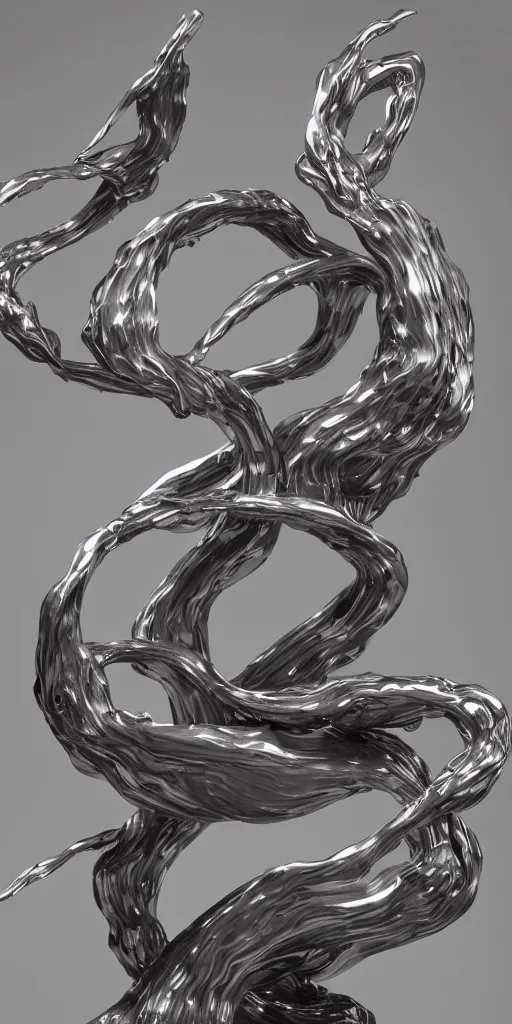 Image similar to 3 d render of an organic sculpture, chrometype, liquid metal, neotribal, raytraced, volumetric lightning, 8 k, by yhelong xu and innate studio