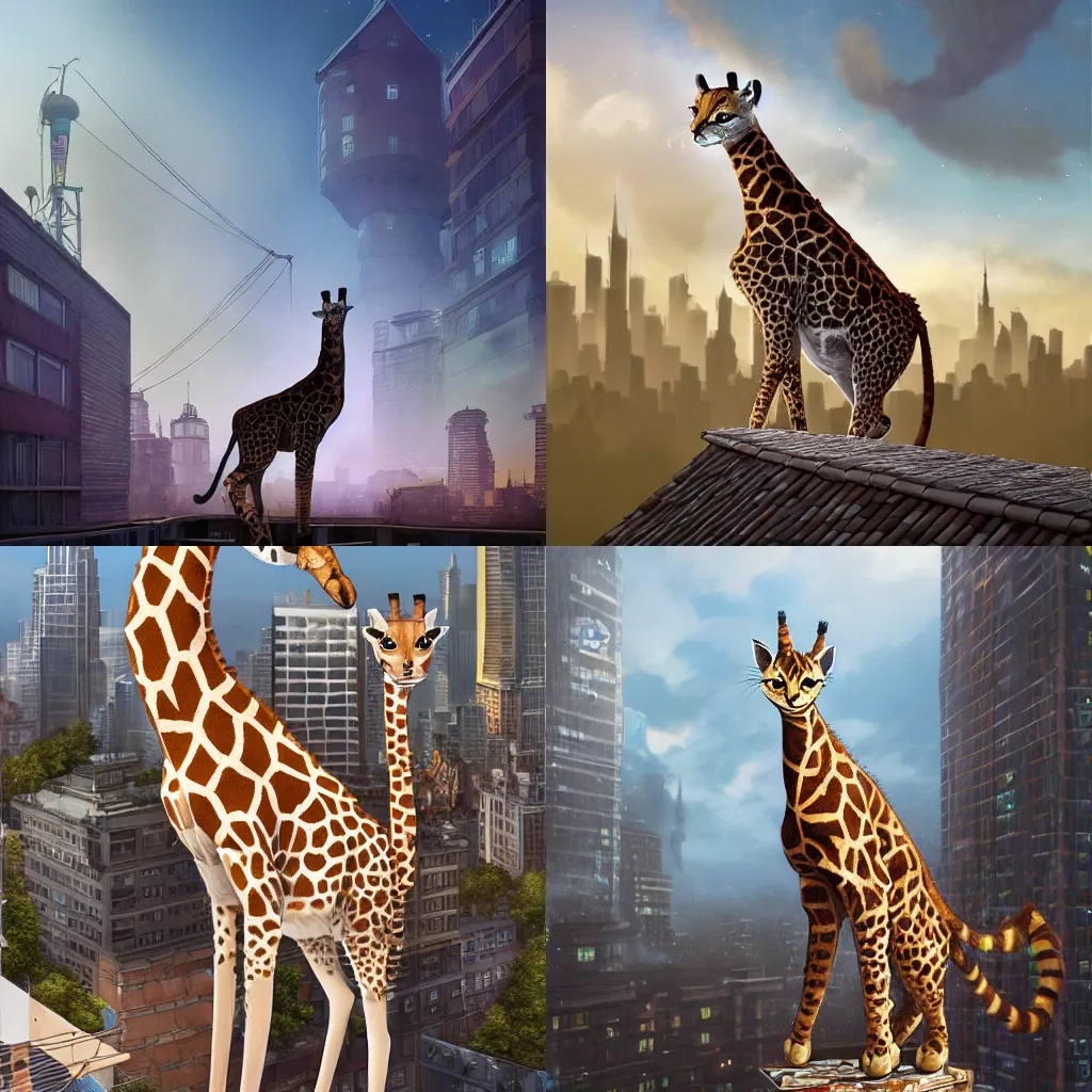 Prompt: a cat as giraffe standing on the rooftop, giraffe head, fantasy, illustration, intricate, epic lighting, cinematic composition, hyper realistic, 8 k resolution, by artgerm, tooth wu, dan mumford, beeple, wlop, rossdraws, james jean, andrei riabovitchev, marc simonetti, yoshitaka amano, artstation