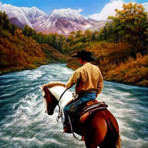 Prompt: hyper realistic painting in realism style of a cowboy on a horse crossing a river with mountains in the background