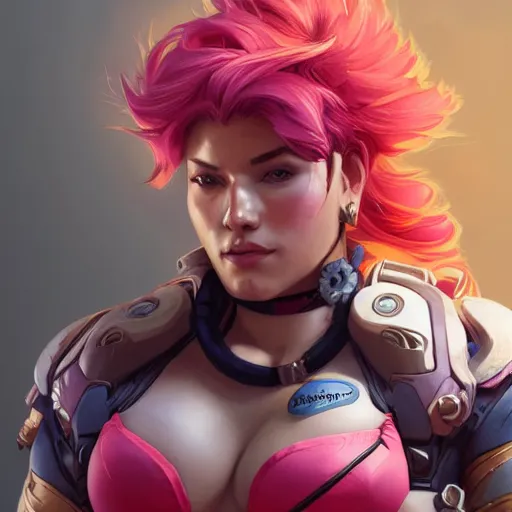 Image similar to character portrait of Zarya from Overwatch, intricate, wild, highly detailed, digital painting, artstation, upper body, concept art, smooth, sharp focus, illustration, art by artgerm and greg rutkowski and alphonse mucha