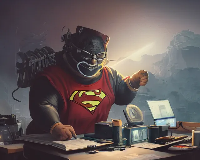 Image similar to an insanely detailed painting of a slightly chubby, nerdy asian man wearing a superhero costume and mask, sitting at a desk, staring at the nervously at the computer and typing, in the style of peter mohrbacher, dramatic lighting and composition, octane render, trending on artstation, concept art, comic book, view from behind