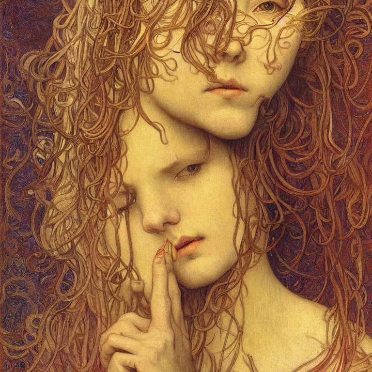 Image similar to detailed realistic beautiful young medieval queen face portrait by jean delville, alphonse mucha, vincent van gogh, and marco mazzoni, art nouveau, symbolist, visionary, gothic, pre - raphaelite