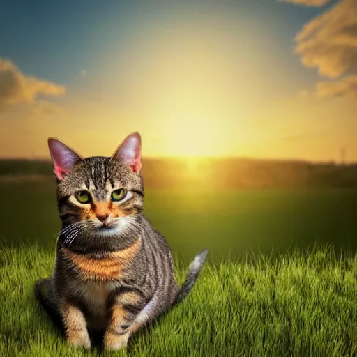 Prompt: beautiful portrait of a tabby cat, centred in frame sitting on a grass hill with a metropolitan city in the distance, looking at a massive construction around the sun in the distance, technological singularity, dramatic, trending on artstation, digital art, stellaris matrioshka brain, red and blue lighting, sunset