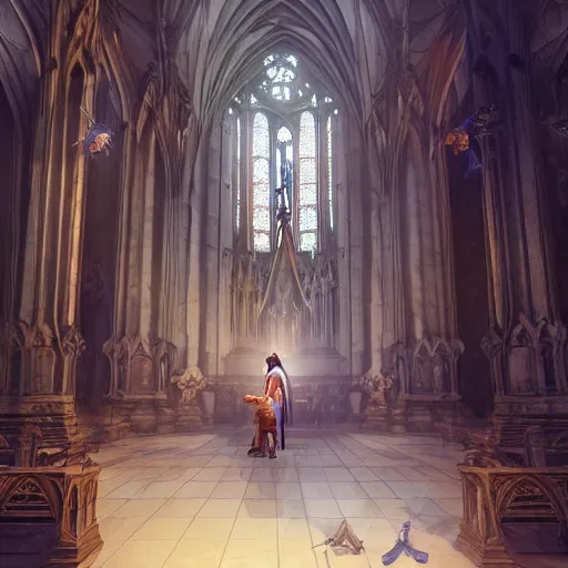 Image similar to angel protecting man who is praying inside a gothic church by Stanley Artgerm Lau, WLOP, Rossdraws, James Jean, Andrei Riabovitchev, Marc Simonetti, Yoshitaka Amano, ArtStation, CGSociety