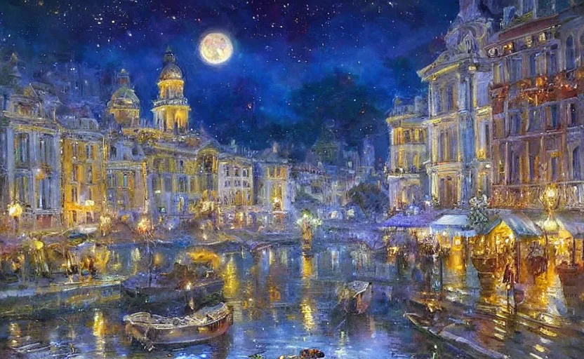 Image similar to Beautiful alchemy cityscpae, the moon is in the sky. By Konstantin Razumov, highly detailded