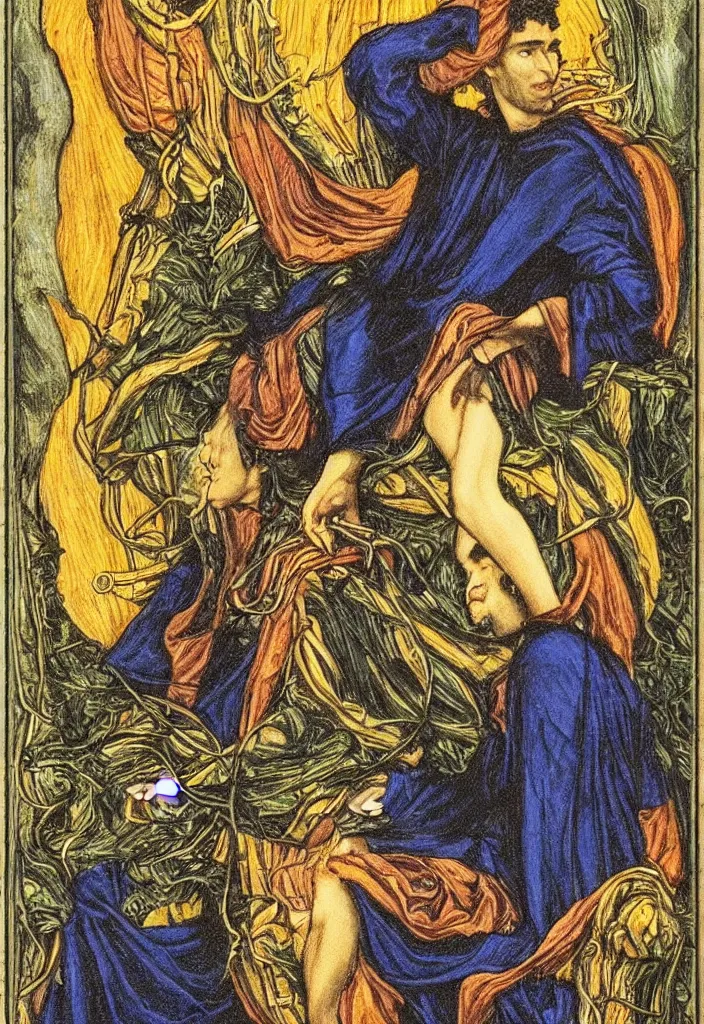 Image similar to Yoshua Bengio on the Tarot card. Illustration by preraphaelists