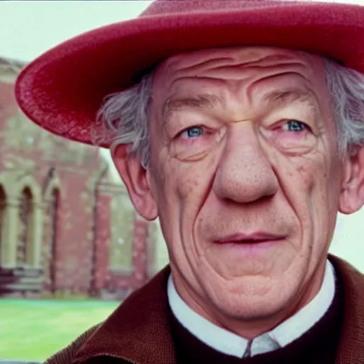 Image similar to film still of ian mckellen, baked beans raining from the sky