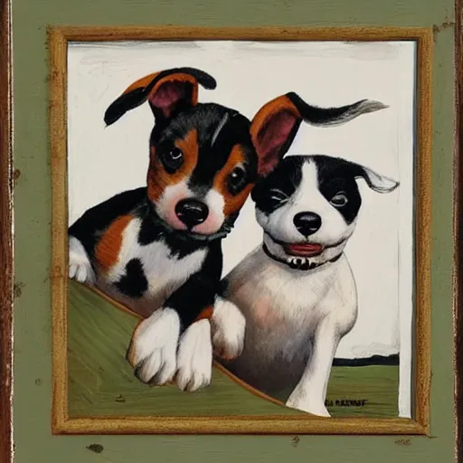 Image similar to biplane flying, piloted by identical 3 dogs, toy fox terrier breed, black and white spots, panting, tin tin painting