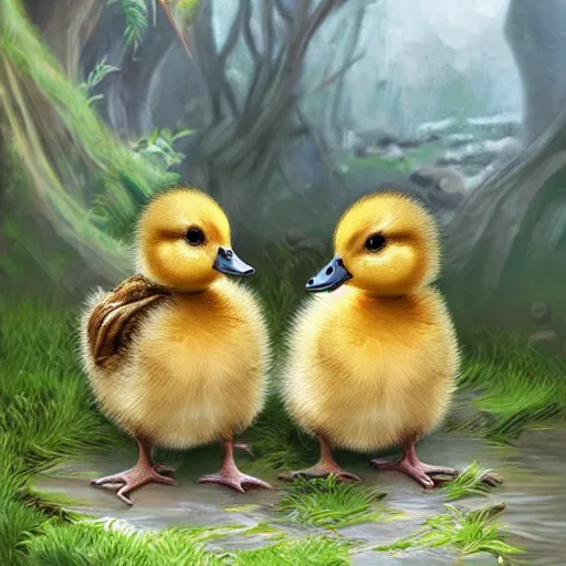 Image similar to two baby ducklings wearing armour going on an adventure, fantasy, detailed digital art