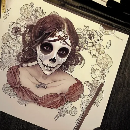 Prompt: manga skull portrait girl female skeleton Candy realism hyperrealistic art will cotton alphonse mucha pop art fairey
