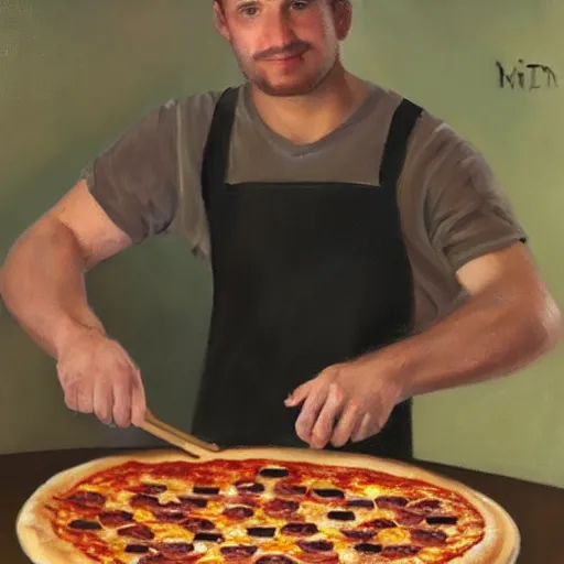 Prompt: oil painting of man with brown hair making pizza