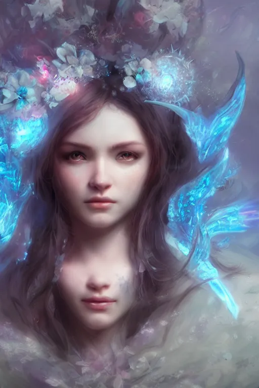 Image similar to face closeup of extremely beautiful girl necromancer, magical fairy flowers and ice, angels, 3 d render, hyper - realistic detailed portrait, holding fire and electricity rainbow, ruan jia, wlop. scifi, fantasy, magic the gathering, hyper detailed, octane render, concept art, peter mohrbacher