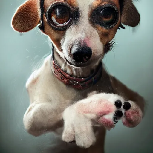 Prompt: closeup portrait of little dogs with bazooka retro living room of dog family, depth of field, zeiss lens, detailed, centered, fashion photoshoot, by nicoletta ceccoli, mark ryden, lostfish, breathtaking, 8 k resolution, extremely detailed, beautiful, establishing shot, artistic, hyperrealistic, octane render,