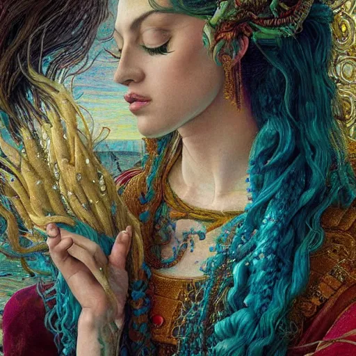 Image similar to intricate detail, hyper detail, gaston bussiere, sandro botticelli style photoshoot, lady gaga, artpop act ii album, with neon aqua rapunzel dreadlocks, detailed, masterpiece, sharp focus,