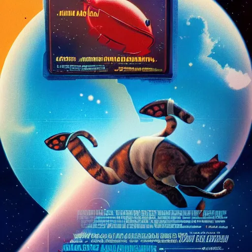 Image similar to a retro movie poster for a sci - fi film about cats in space designed by al kallis 8 k