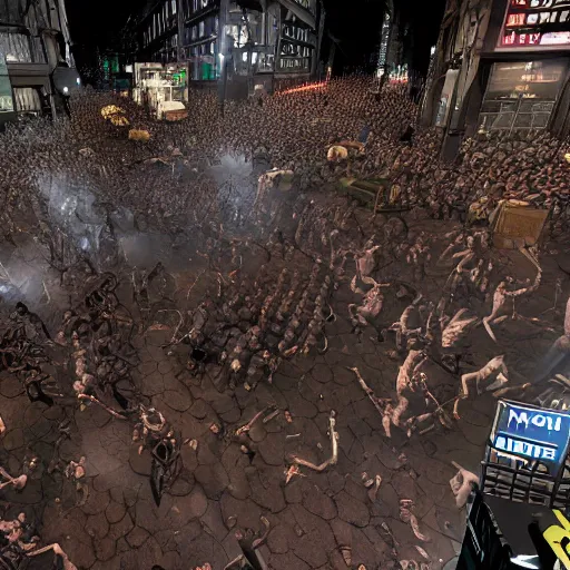 Image similar to moshpit in the city streets, realistic, huge moshpit, realism, hdd, hdr, rtx on, dynamic lighting, chaos in the moshpit,