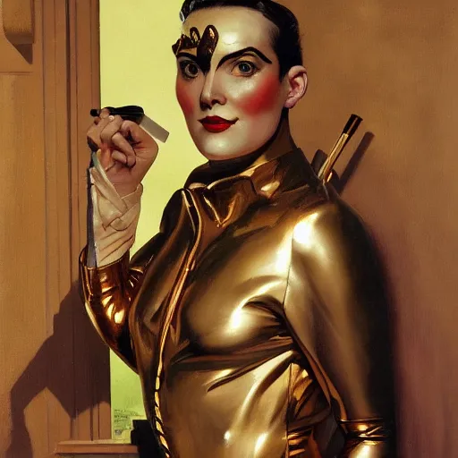 Image similar to closeup painting of uncannily beautiful aristocrat wearing latex and bronze catsuitand face paint inside bronze art deco arcology, science fiction by j. c. leyendecker