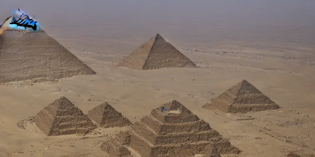 Image similar to A giant mountain in an areal shot of ancient egypt in front of the Pyramids