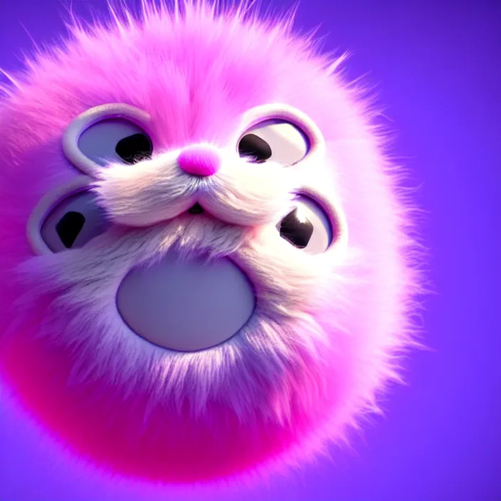 Image similar to high quality 3 d render hyperrealistic very cute big spherical creature, whiskers, plush mascot, short spiky dense fluffy smooth hair, isometric 3 d, psychedelic lighting pink fluffy fur 1 cm long, 1 5 0 mm, smooth background, artstation, ultra detailed, elegant, ultra detailed, octane render