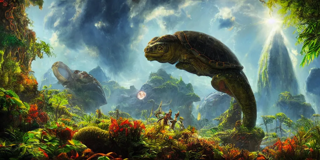 Prompt: fantasy oil painting, klattu's spacecraft, outer worlds, great leviathan, turtle cephalopod terrapin reptilian pachyderm amphibian hybrid, rainforest mountains, lush plants flowers, epic natural light, bright clouds, luminous sky, bright cinematic key lighting, michael cheval, michael whelan, vray, 8 k hd