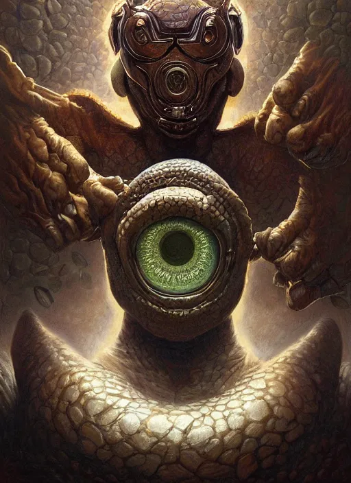 Prompt: coffee bean mf doom reptile eyes, coffee skin. intricate, elegant roast, highly detailed, centered, digital painting, artstation, concept art, smooth, sharp focus, illustration, artgerm, tomasz alen kopera, peter mohrbacher, donato giancola, joseph christian leyendecker, wlop, frank frazetta