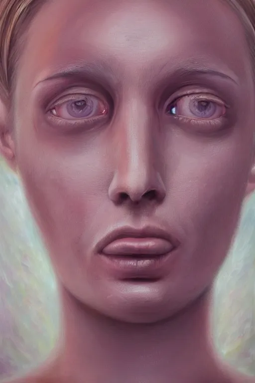 Prompt: woman's face close up portrait, eyes shut, third eye open, chakra energy waves resonating from her body, ethereal aura, epic surrealism 8k oil painting, portrait, perspective, high definition, post modernist layering, by Sean Yoro, Gerald Brom