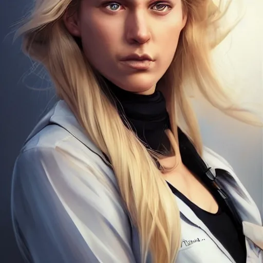 Image similar to hot looking blonde girl scientist who just made a huge mistake, light stubble, digital art, photorealistoc, art by greg rutkowski, hyperdetailed, western comic style, comic, comic style, sharp lineart, professional lighting, deviantart, artstation, trevor henderson, rossdtaws, cinematic, dramatic