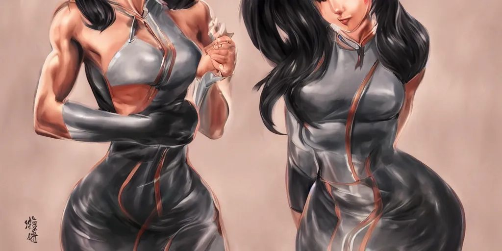 Image similar to beautiful muscular fitness model wearing qipao dress, digital painting, anime style, Artstation, by Artgerm,