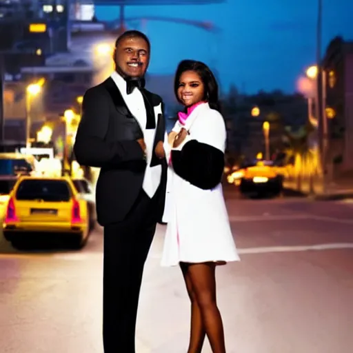 Image similar to A black man wearing white suit and a black tie with a white woman wearing a pink!!! dress on street at night , traffic in background , highly detailed!! face!!!